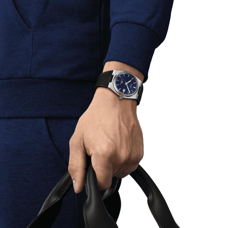 tissot t-classic prx powermatic 80 blue dial 40mm automatic gents watch model shot