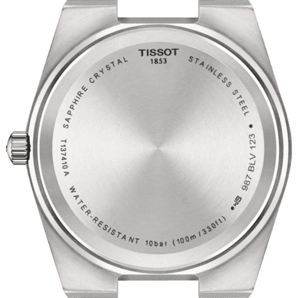 tissot t-classic prx 40mm white dial stainless steel gents watch case back view