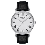 tissot everytime 40mm silver dial quartz watch on a black leather strap front facing upright image