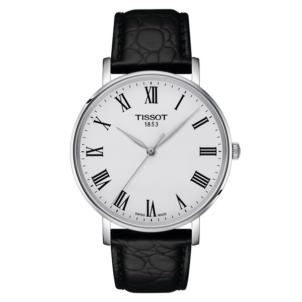 tissot everytime 40mm silver dial quartz watch on a black leather strap front facing upright image