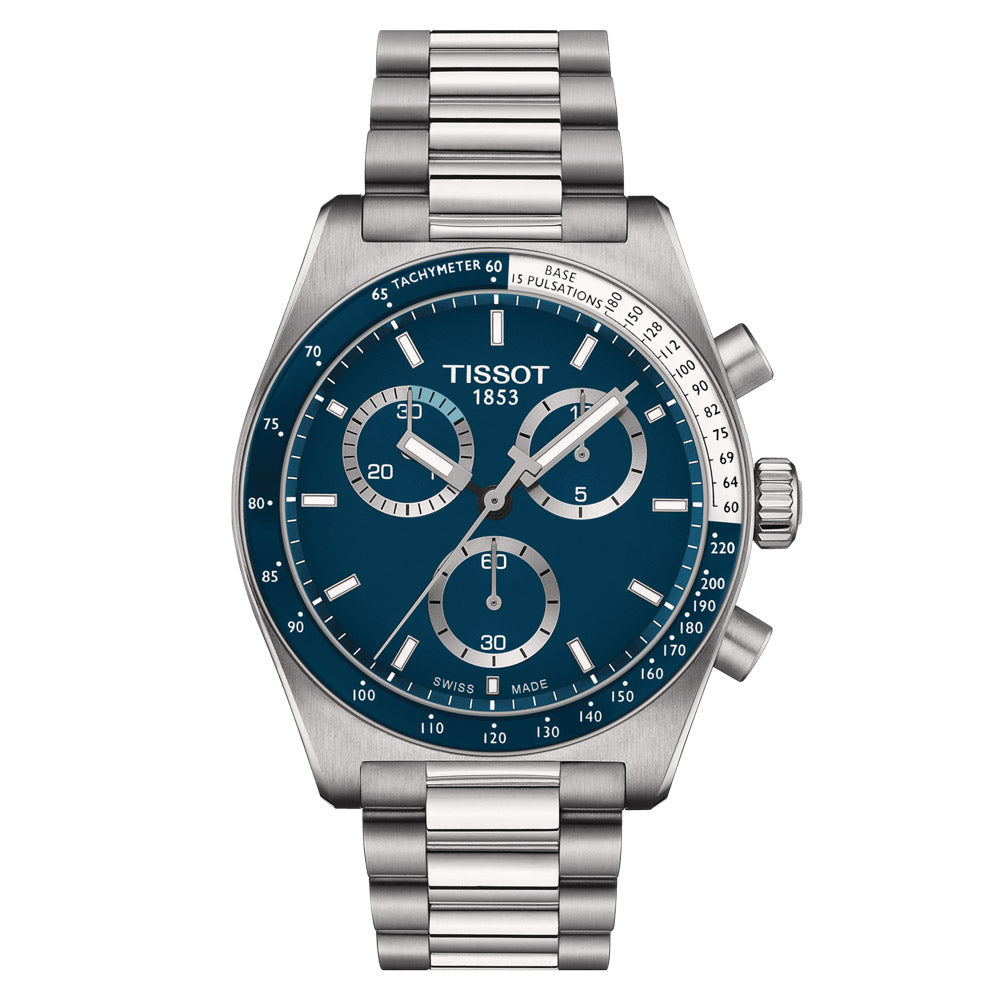 tissot pr516 40mm blue dial quartz chronograph watch front facing upright image