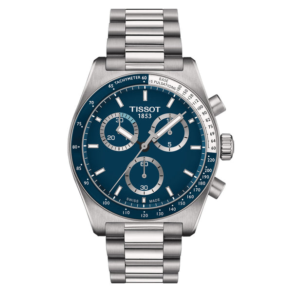 tissot pr516 40mm blue dial quartz chronograph watch front facing upright image
