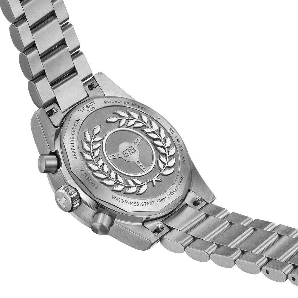tissot pr516 40mm black dial quartz chronograph watch back side facing laying down image