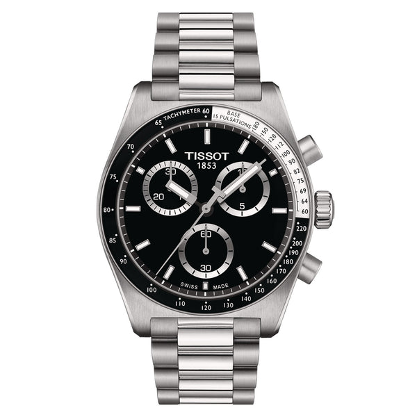 tissot pr516 40mm black dial quartz chronograph watch front facing upright image