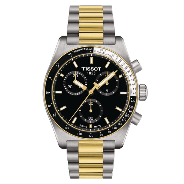 tissot pr516 40mm black dial bi-colour quartz chronograph watch front facing upright image