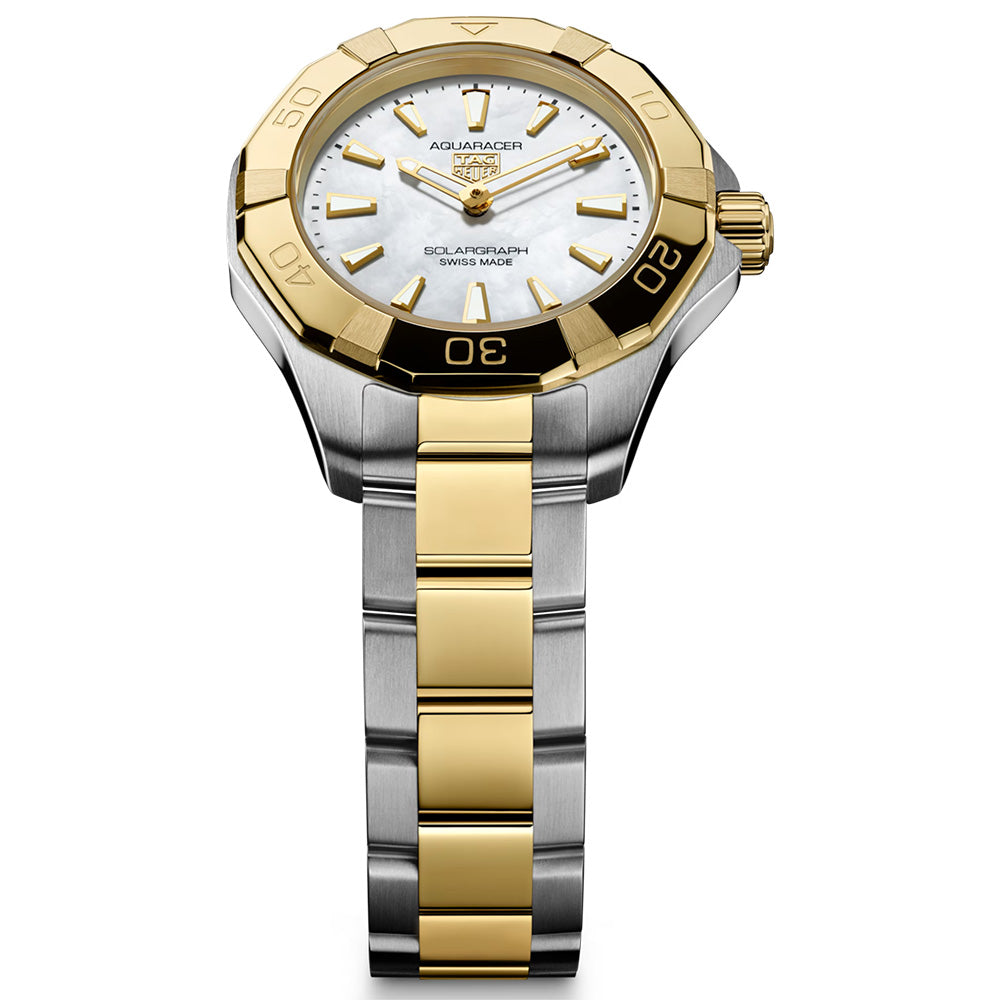 TAG Heuer Aquaracer Professional 100 Solargraph 28mm MOP Dial 18ct Gold & Steel Quartz Ladies Watch WBP1423.BB0006