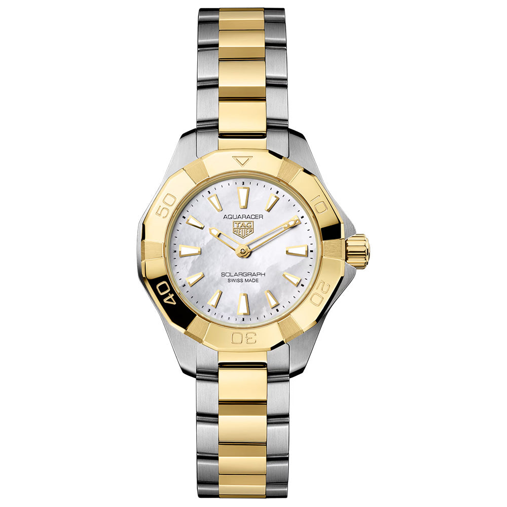TAG Heuer Aquaracer Professional 100 Solargraph 28mm MOP Dial 18ct Gold & Steel Quartz Ladies Watch WBP1423.BB0006