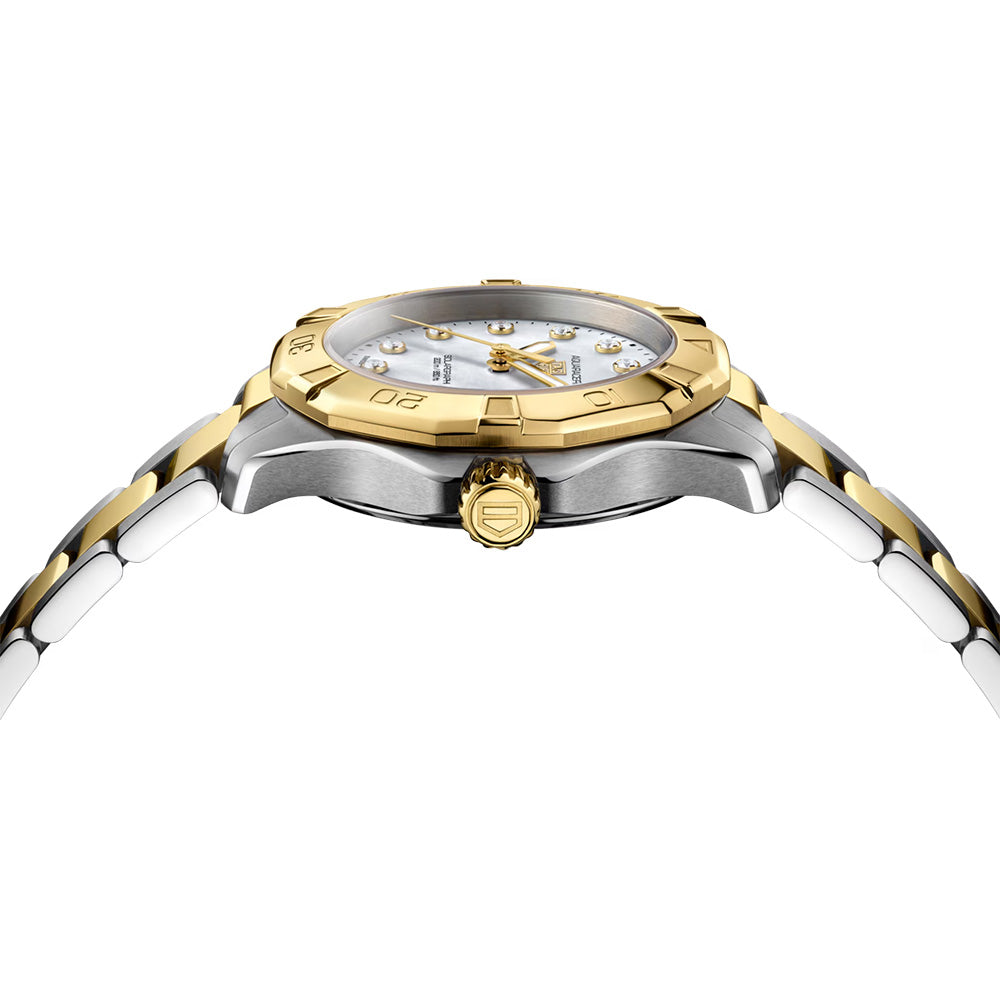 TAG Heuer Aquaracer Professional 200 Solargraph 34mm MOP Diamond Dot Dial 18ct Gold & Steel Quartz Ladies Watch WBP1326.BB0004
