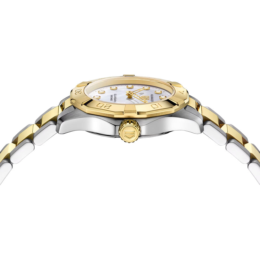 TAG Heuer Aquaracer Professional 100 Solargraph 28mm MOP Diamond Dot Dial 18ct Gold & Steel Quartz Ladies Watch WBP1422.BB0006