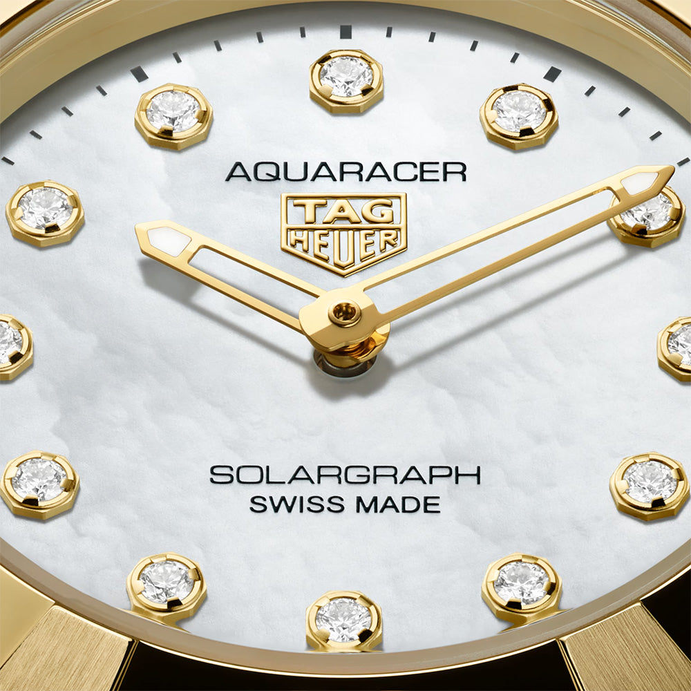 TAG Heuer Aquaracer Professional 100 Solargraph 28mm MOP Diamond Dot Dial 18ct Gold & Steel Quartz Ladies Watch WBP1422.BB0006