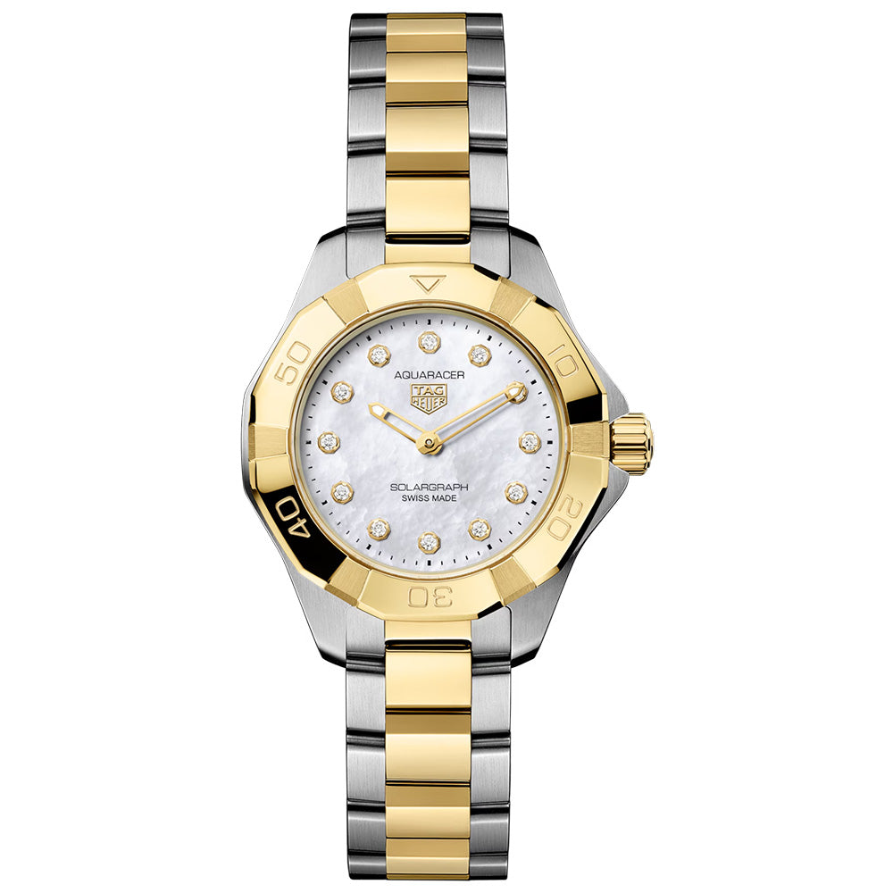 TAG Heuer Aquaracer Professional 100 Solargraph 28mm MOP Diamond Dot Dial 18ct Gold & Steel Quartz Ladies Watch WBP1422.BB0006