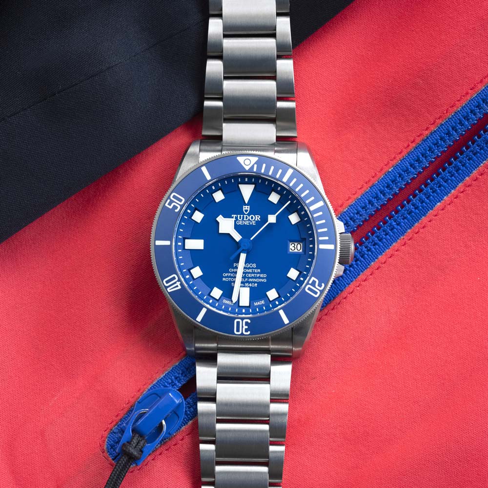 tudor pelagos 42mm blue dial automatic titanium on titanium bracelet watch lifestyle image