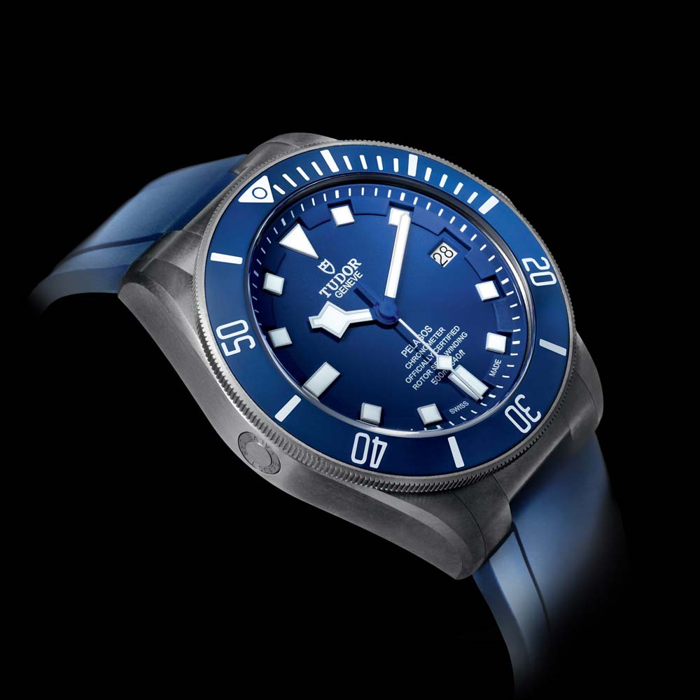 tudor pelagos 42mm blue dial automatic titanium on blue rubber strap watch lifestyle image