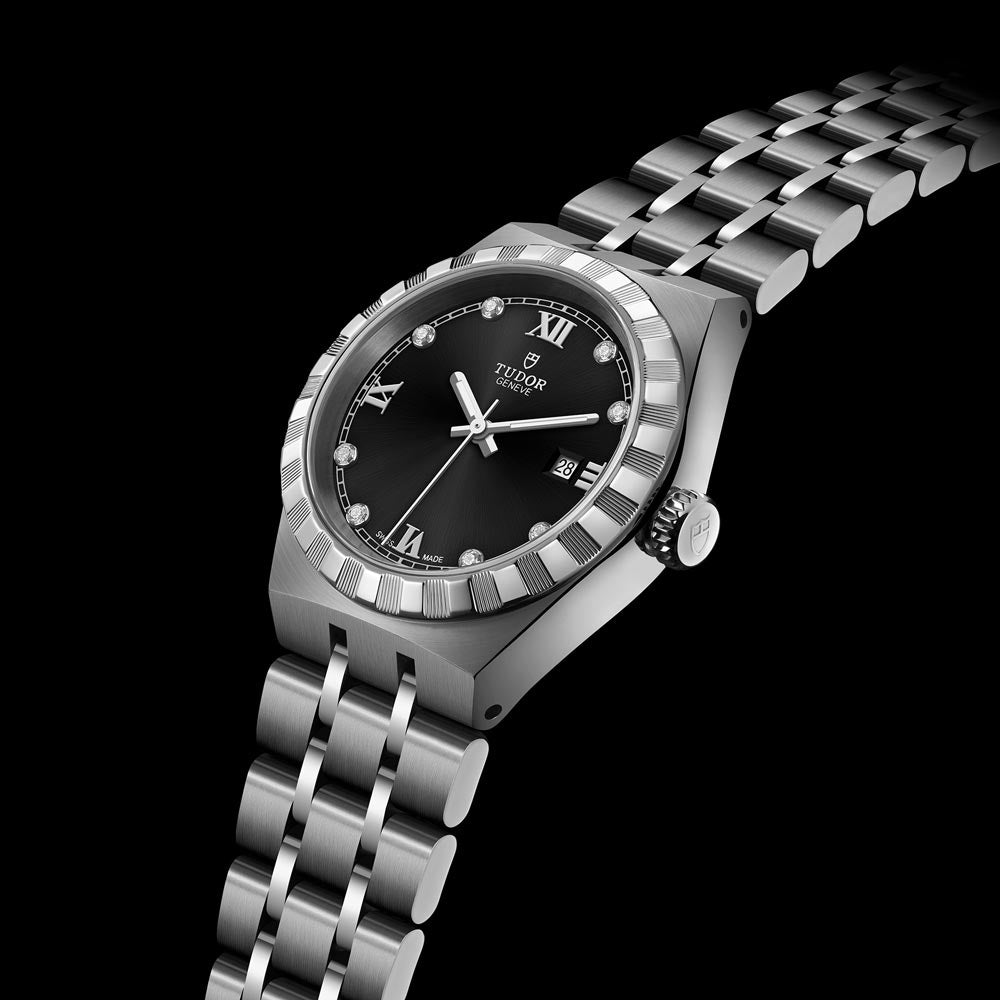 tudor royal 28mm black diamond dot dial steel on steel bracelet automatic watch lifestyle image