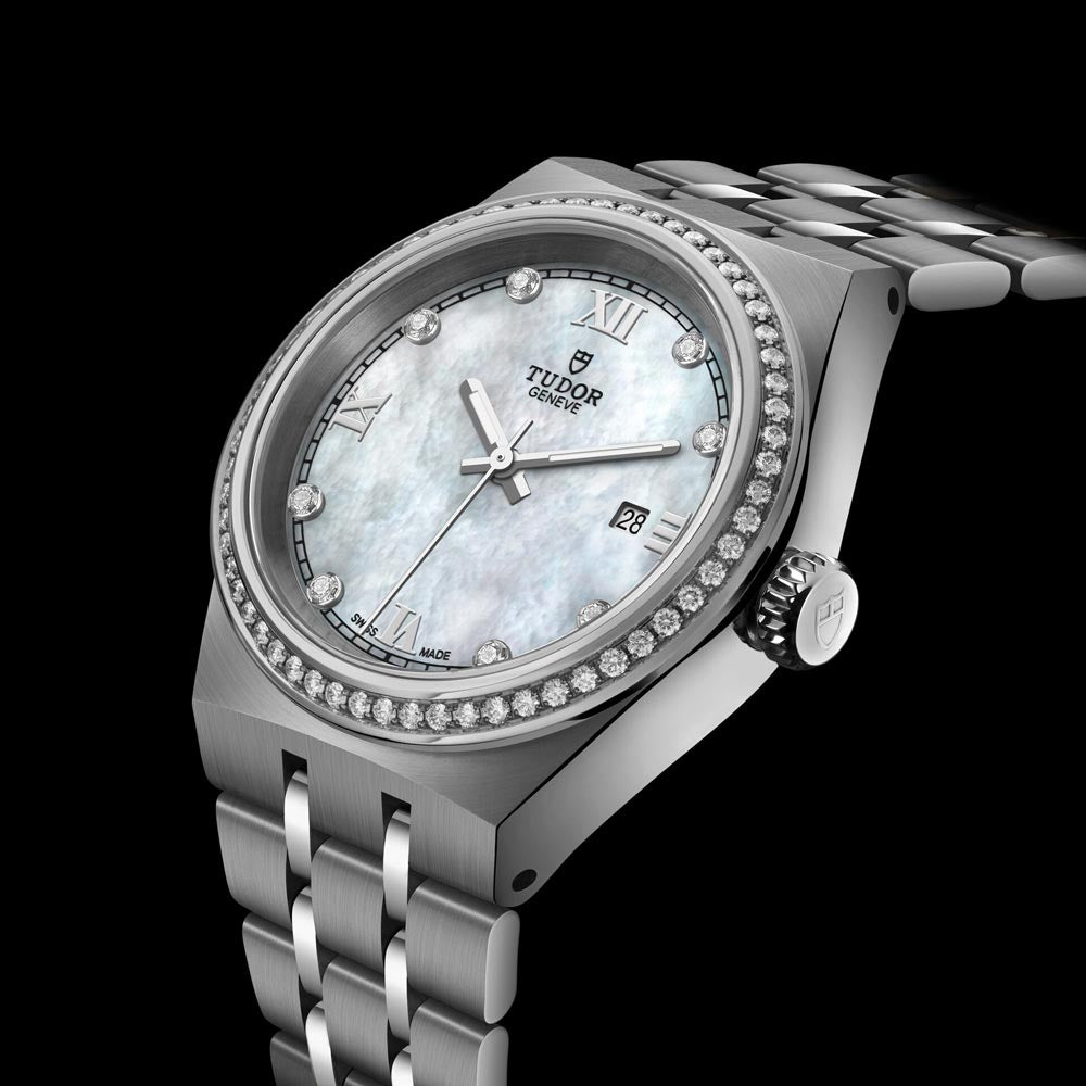tudor royal 28mm mother of pearl diamond paved dial with diamond bezel steel on steel bracelet automatic ladies watch front side facing image