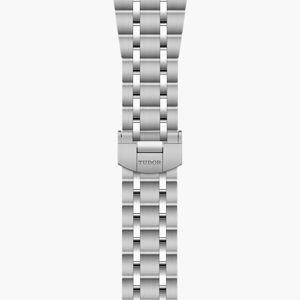 tudor royal 41mm black diamond dot dial steel on steel bracelet automatic watch showing folding clasp