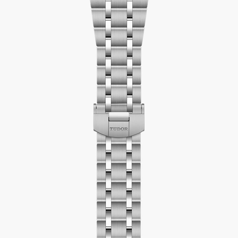 tudor royal 38mm salmon dial steel on steel bracelet automatic watch showing steel bracelet with folding clasp