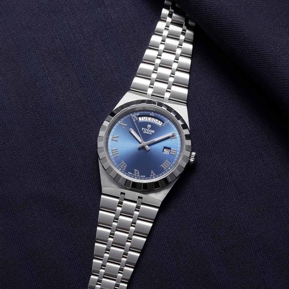 tudor royal 41mm blue dial steel on steel bracelet automatic watch lifestyle image