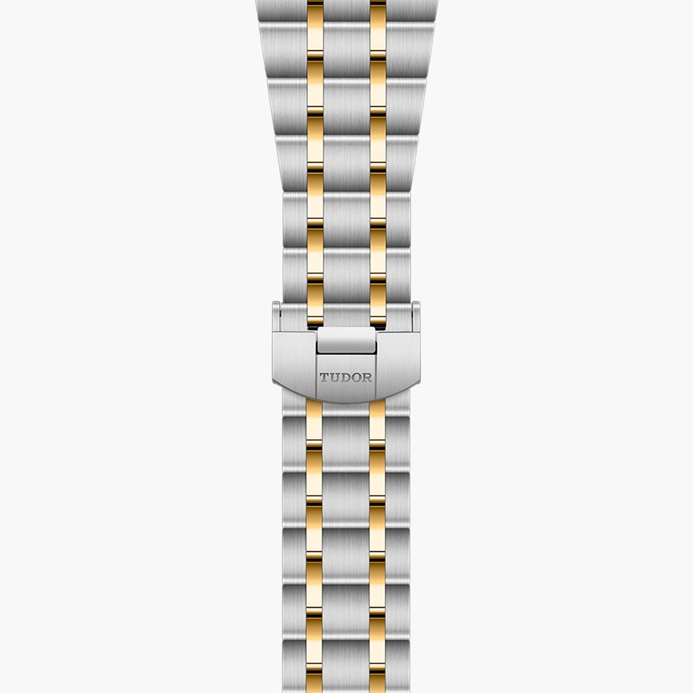 tudor royal 41mm silver dial gold and steel on gold and steel bracelet automatic watch showing folding clasp