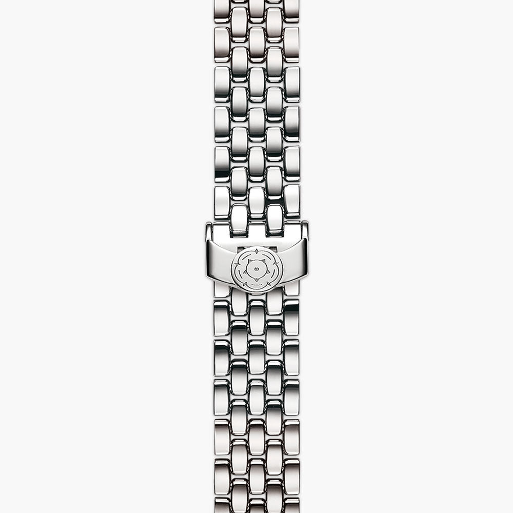tudor clair de rose 26mm opaline diamond dot dial automatic steel on steel bracelet watch showing folding clasp
