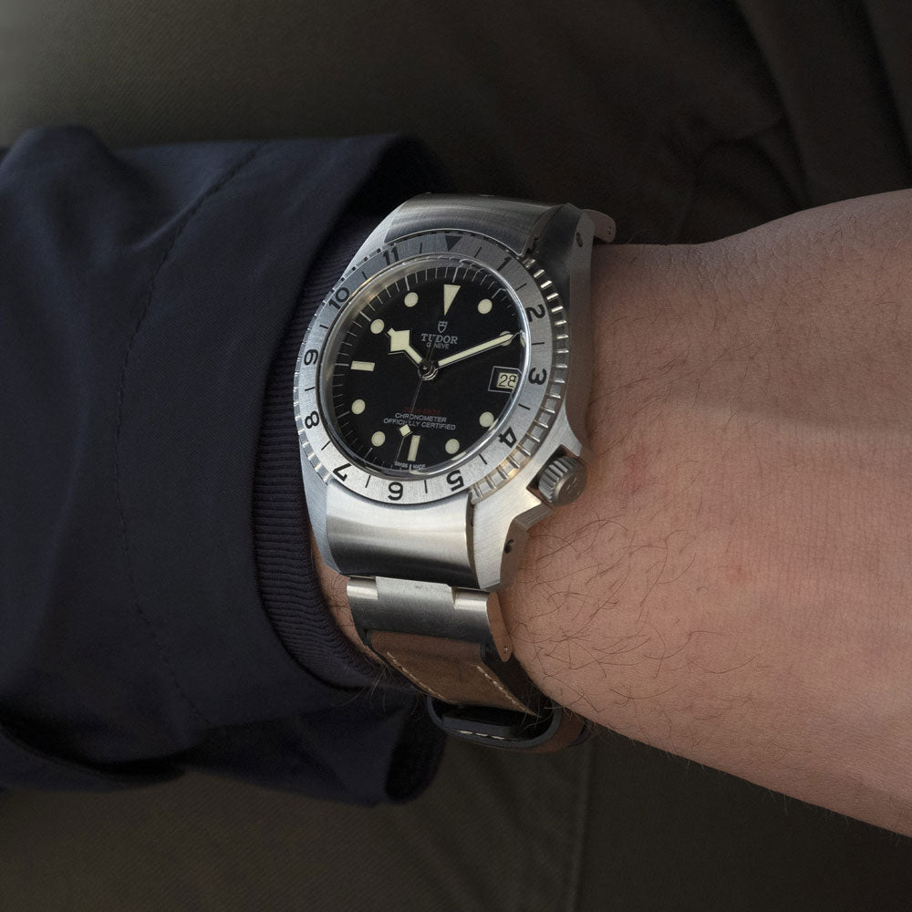 tudor black bay p01 42mm black dial steel on leather strap automatic watch lifestyle image