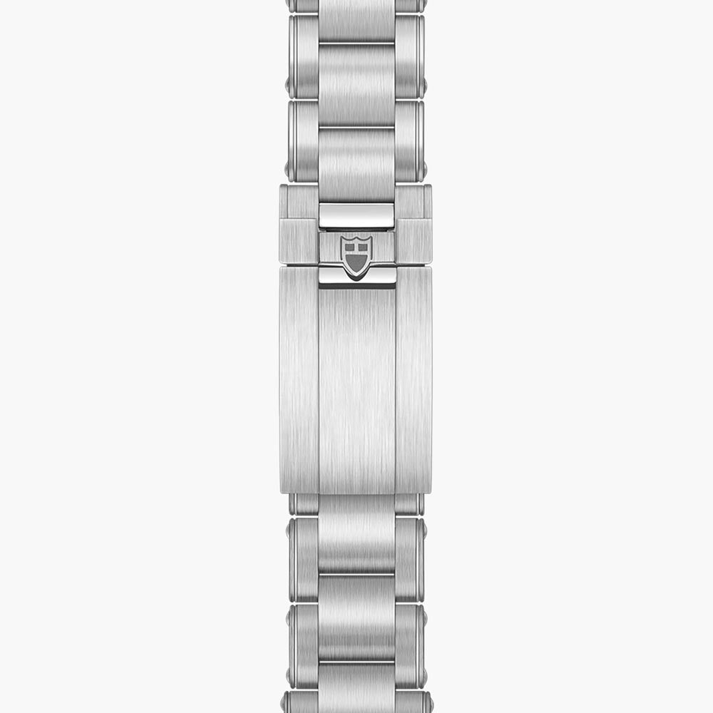 tudor black bay fifty four 37mm black dial steel on steel bracelet automatic watch showing its three link bracelet with folding clasp