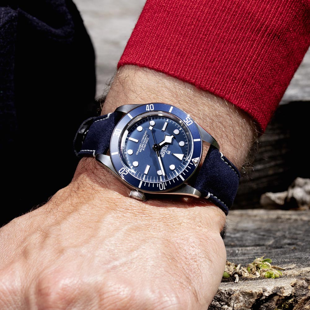 tudor black bay 58 39mm blue dial steel on leather strap automatic watch lifestyle image
