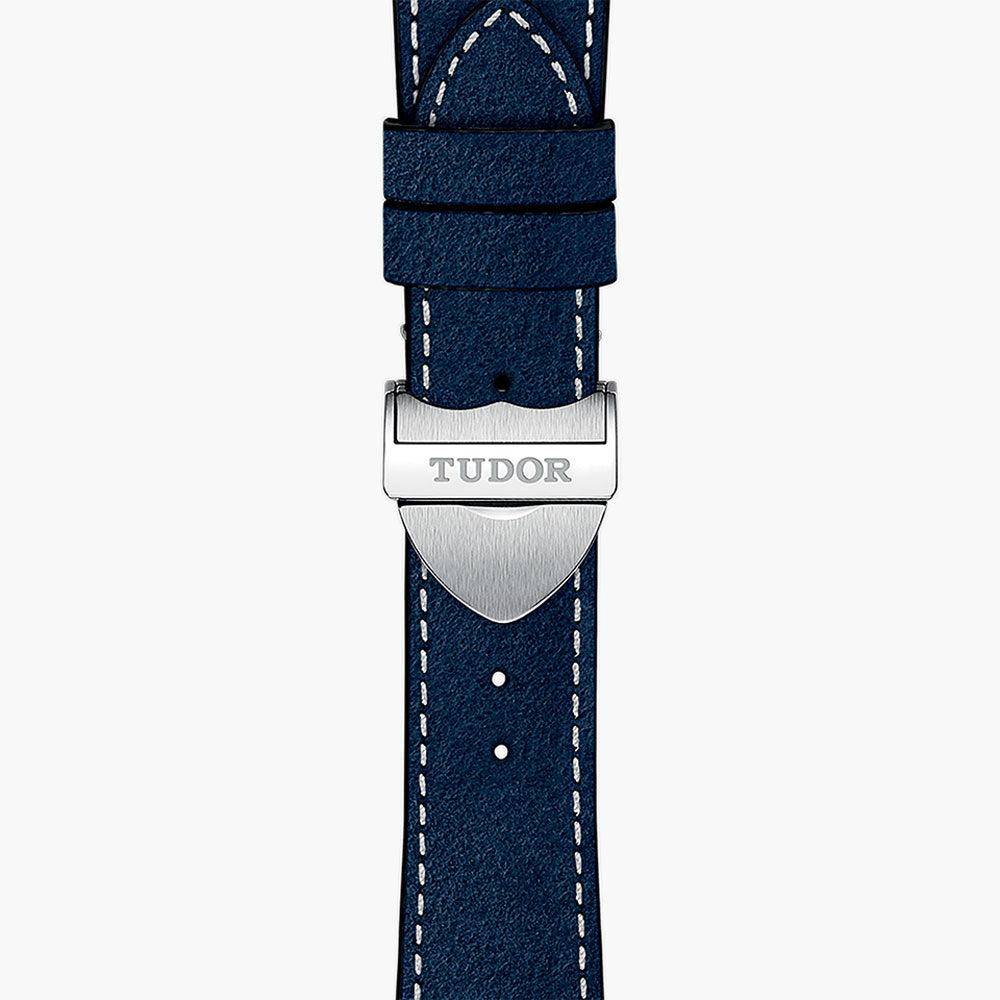 tudor black bay 58 39mm blue dial steel on leather strap automatic watch showing blue leather strap with folding clasp