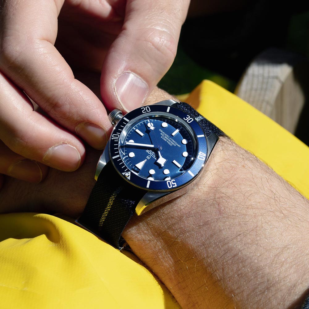 tudor black bay 58 39mm blue dial steel on fabric strap automatic watch lifestyle image