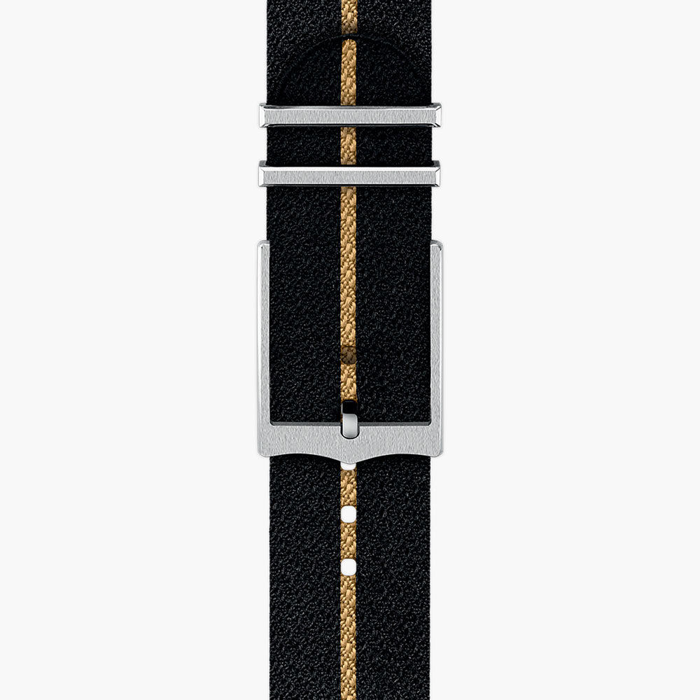 tudor black bay 58 39mm black dial automatic steel on fabric strap watch showing fabric strap with tang buckle