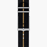 tudor black bay 58 39mm black dial automatic steel on fabric strap watch showing fabric strap with tang buckle