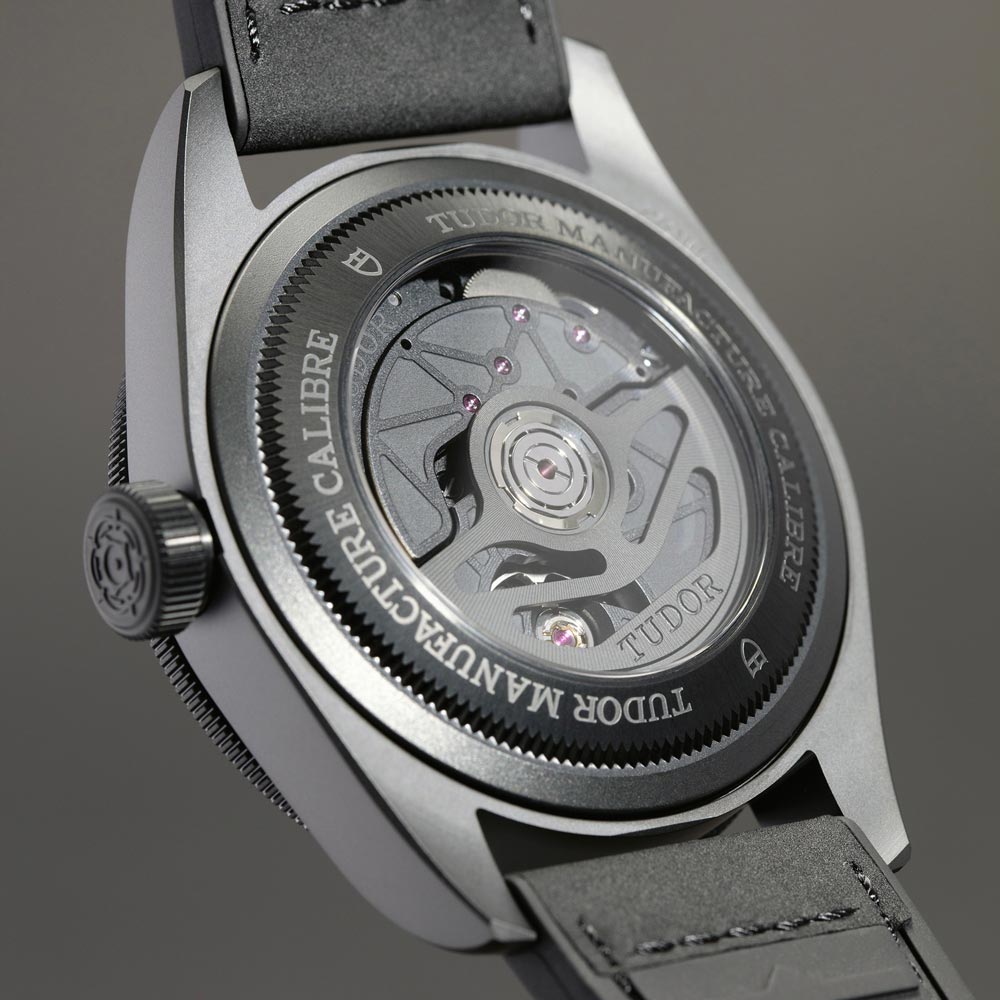 tudor black bay ceramic 41mm black dial ceramic on leather strap automatic watch showing transparent caseback