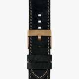 tudor black bay bronze 43mm black dial automatic bronze on leather strap watch showing black leather strap with tang buckle