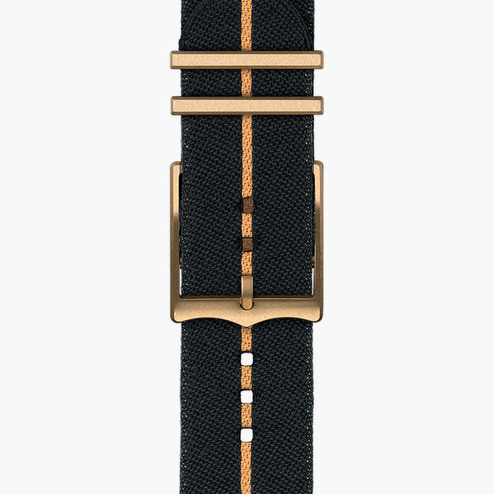 tudor black bay bronze 43mm black dial automatic bronze on fabric strap watch showing fabric strap with tang buckle