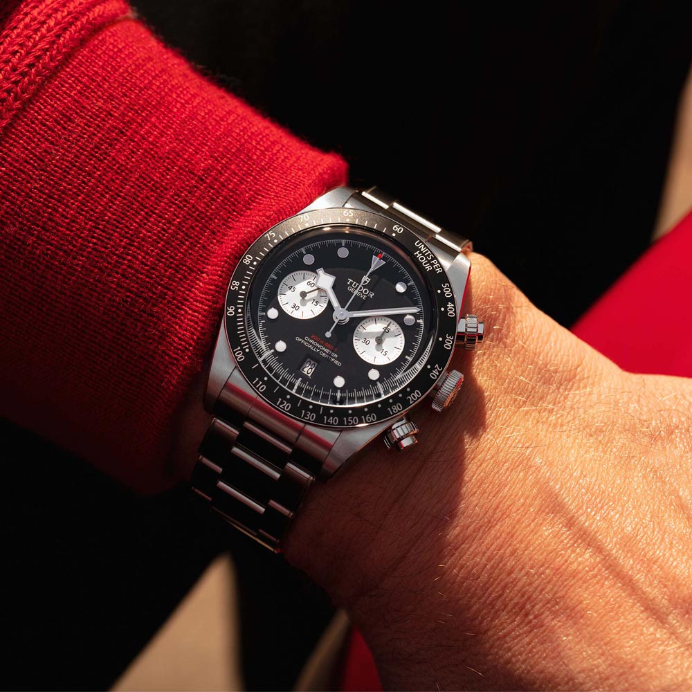 tudor black bay chrono 41mm black dial steel on steel bracelet automatic chronograph watch lifestyle image