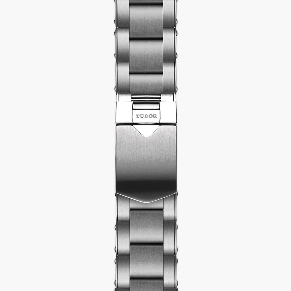 tudor black bay chrono 41mm opaline dial steel on steel bracelet automatic watch showing folding clasp