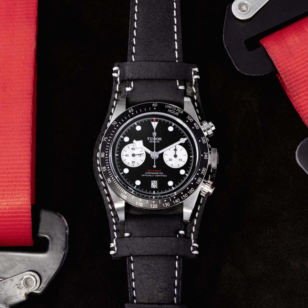 tudor black bay chrono 41mm black dial steel on leather strap automatic chronograph watch lifestyle image