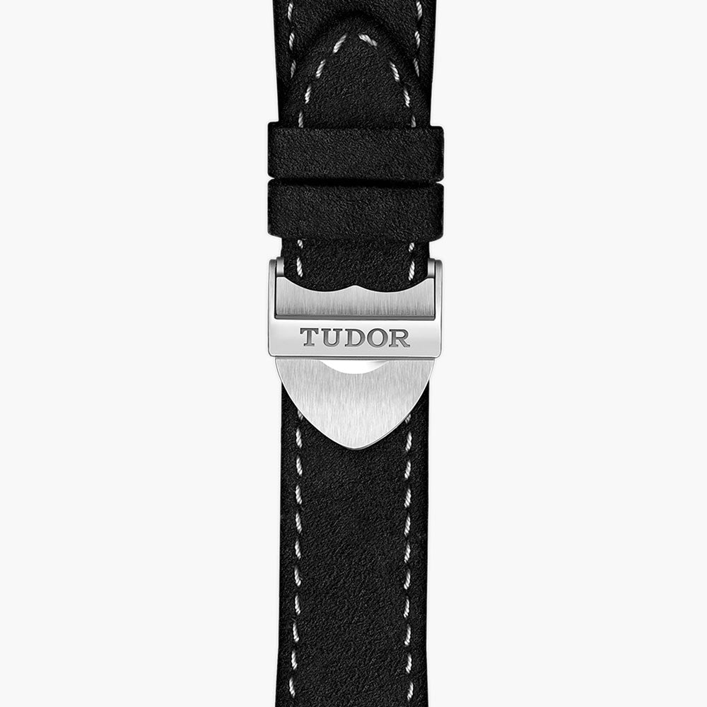 tudor black bay chrono 41mm black dial steel on leather strap automatic watch showing black leather strap with folding clasp