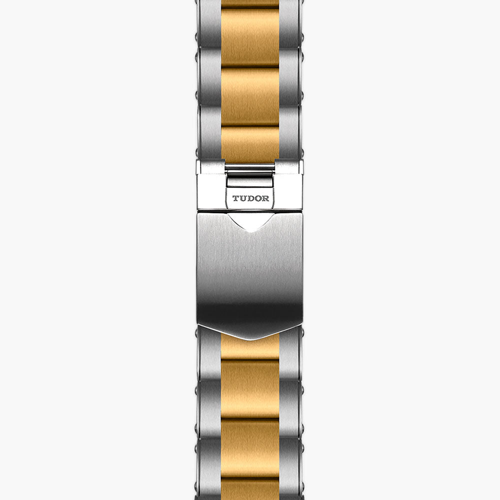 tudor black bay chrono s&g 41mm black dial gold and steel on gold and steel bracelet automatic chronograph watch showing folding clasp