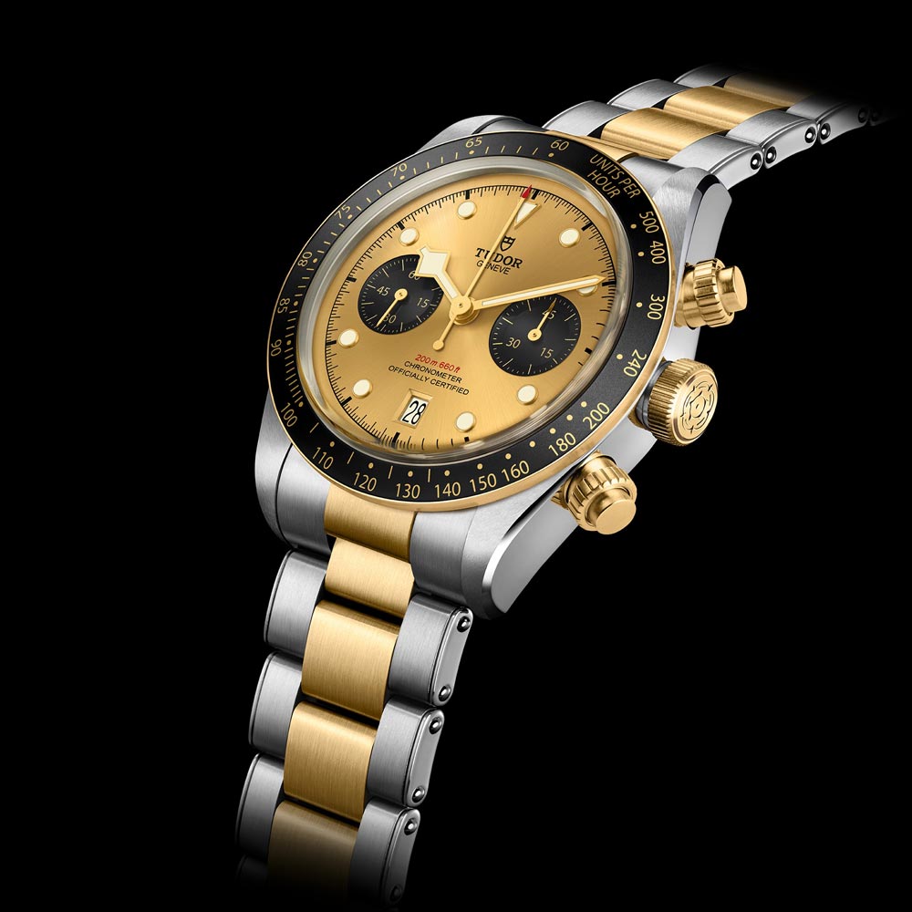tudor black bay chrono s&g 41mm champagne dial gold and steel on steel and gold bracelet automatic chronograph watch lifestyle image