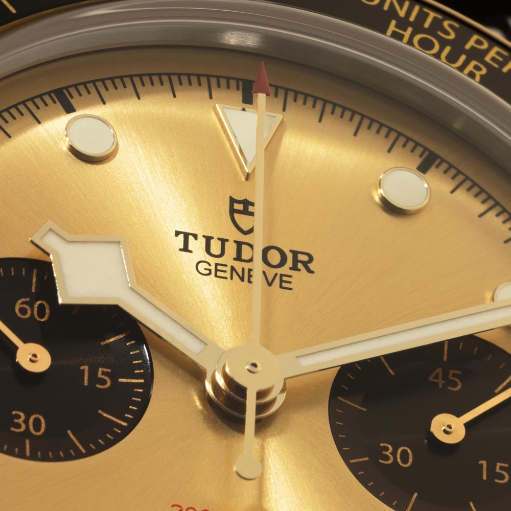 tudor black bay chrono s&g 41mm champagne dial gold and steel on leather strap automatic chronograph watch lifestyle image