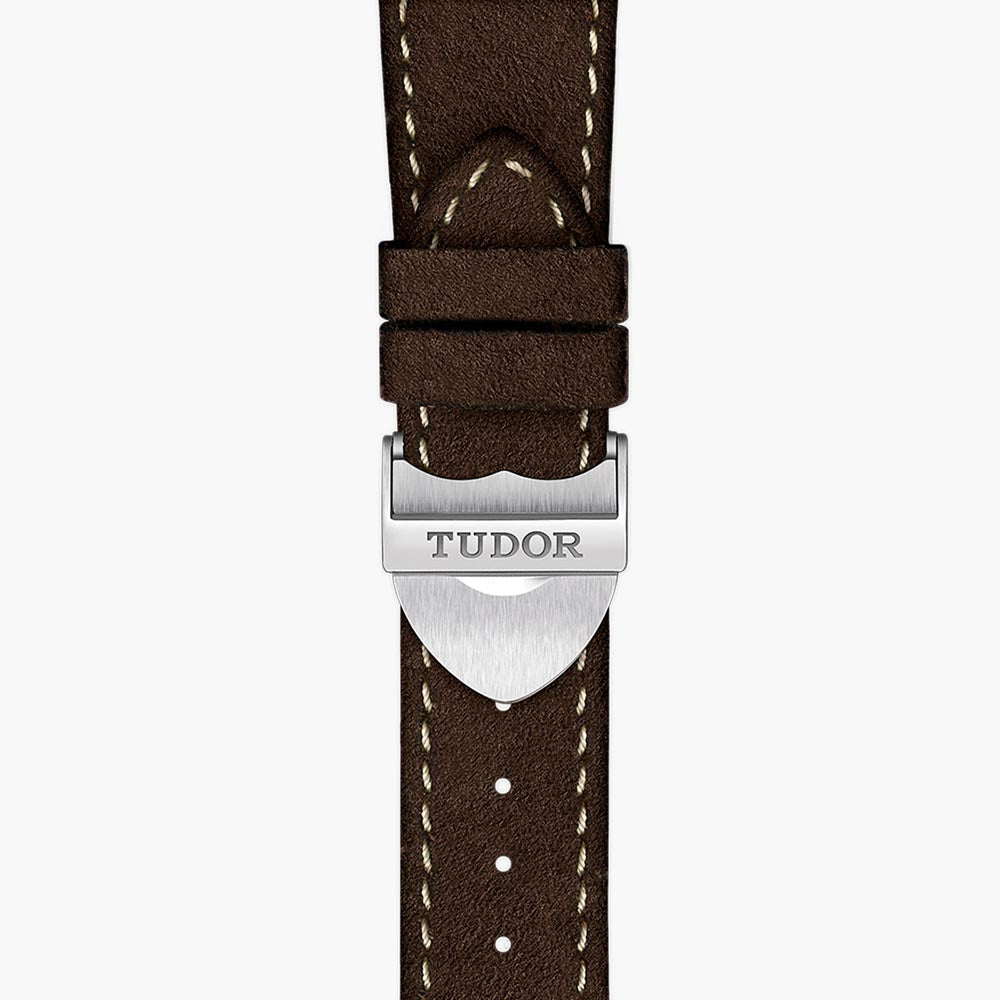 tudor black bay chrono 41mm champagne dial steel on leather strap automatic watch showing brown leather strap with folding clasp