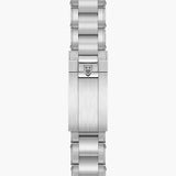 tudor black bay 41mm black dial steel on steel bracelet automatic gents watch showing its three-link steel bracelet with folding clasp