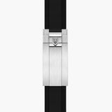 tudor black bay 41mm black dial steel on rubber strap automatic gents watch showing its black rubber strap with folding buckle