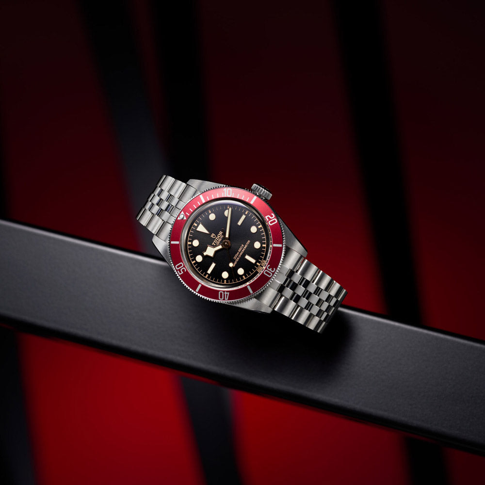 tudor black bay 41mm black dial steel on steel bracelet automatic watch lifestyle image