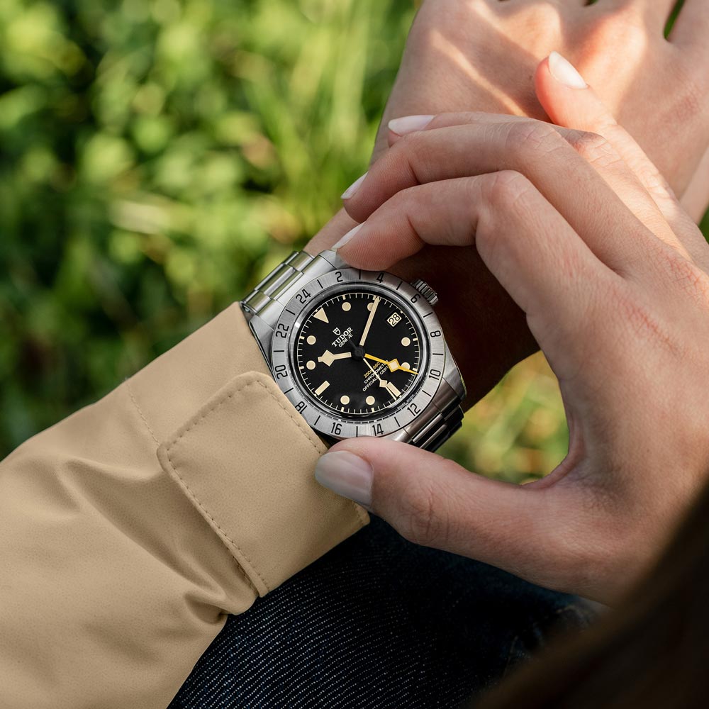 tudor black bay pro 39mm black dial steel on steel bracelet automatic watch lifestyle image