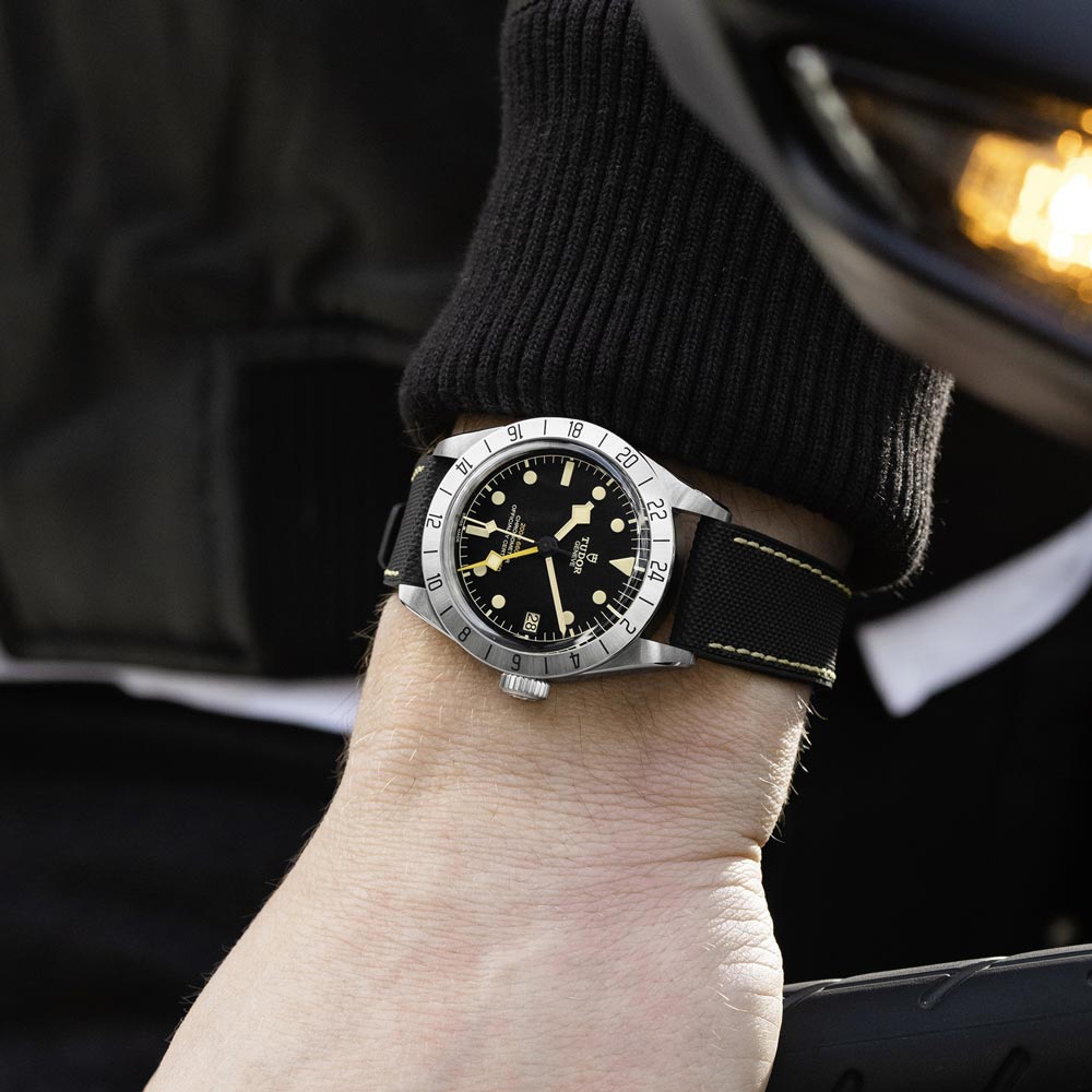 tudor black bay pro 39mm black dial steel on hybrid rubber and leather strap automatic watch lifestyle image
