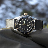 tudor black bay s&g 41mm black dial automatic gold and steel on leather strap watch lifestyle image