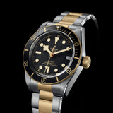 tudor black bay s&g 41mm black dial automatic gold and steel on gold and steel bracelet watch front side upright image