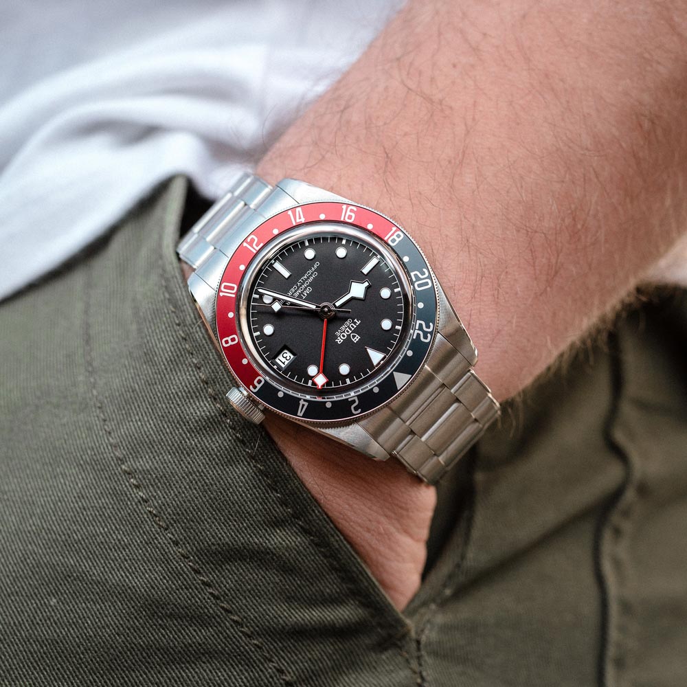 tudor black bay gmt 41mm black dial steel on steel bracelet automatic watch lifestyle image